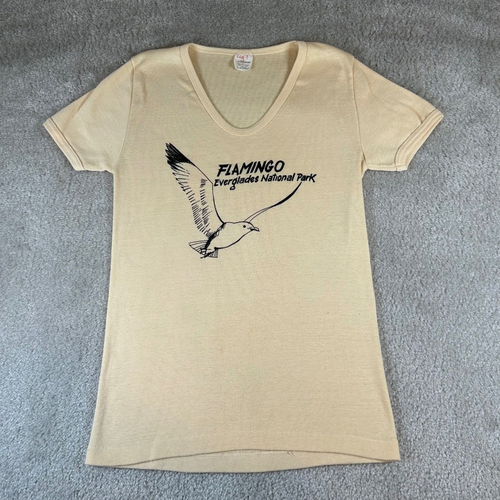 Vintage 70s Stedman Lady-T Flamingo Everglades National Park V-Neck T-Shirt L